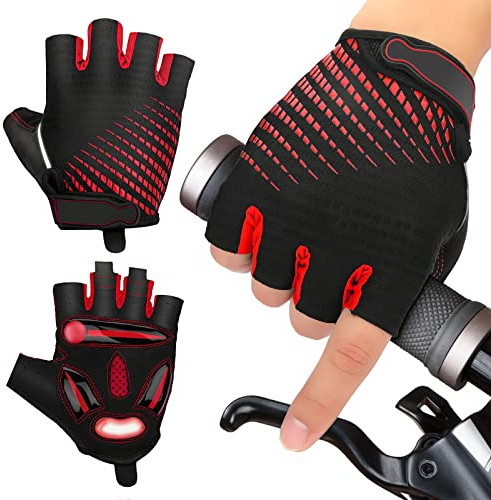 JTENG MTB Handschuhe,Halbfinger Sommer Fahrradhandschuhe für Männer und Frauen,Stoßfestes GELAtmungsaktivBequemRutschfest Geeignet für Motorräder Fahrräder MTB Fitnessstudio (Rot, L)