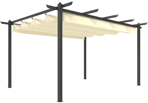 Outsunny Pérgola de Jardín 4x3 m con Techo Retráctil, Cenador de Jardín con Estructura de Aluminio, UPF30+, Orificios de Drenaje, Pabellón para Exterior, Patio, Terraza, Crema