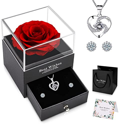 NEWUPZSI Rosa Eterna Real Preservada Navidad rojos con Collar y Pendientes en una Caja de Regalo, Regalos románticos para Mujer para Día de San Valentín Aniversario Bodas Cumpleaños