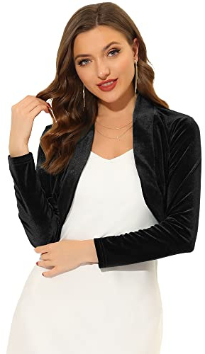 Allegra K Long Sleeve Shrug Top for Women's Christmas Lapel Collar Velvet Open Front Cropped Cardigan Medium Black