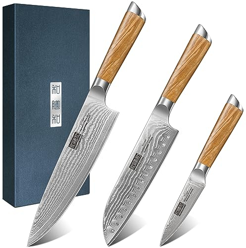 HOSHANHO Damastmesser Set 3 teiliges, Profi 67 Schichten Damaststahl Damastmesser Küchenmesserset, 20cm Kochmesser & 18cm Santoku Messer & 9.5cm Schälmesser