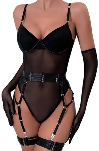 EVELIFE - Set di Bodysuit da Donna Sexy in Rete Elasticizzata Teddy con Cintura Reggicalze Rimovibile, Guanti Eleganti e Cinghie per Cosce 3PCS, Nero , S