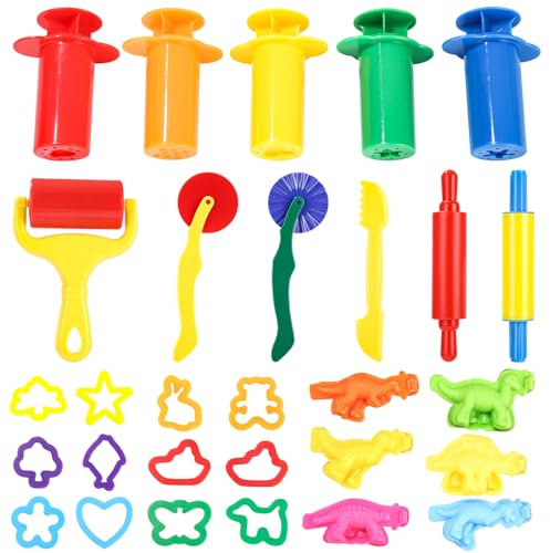 Exyvox Knete Set mit 29 Stück Knetwerkzeug und Ausstechformen, Küchenspielzeug für Kinder, Entdecken Sie kreative Stunden mit hochwertigem Knete Zubehör, Jungen und Mädchen