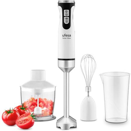 Ufesa Solar Max Batidora de Mano, Potencia 1200W, 12 Velocidades + TURBO, 4 Cuchillas de Acero Inoxidable, Diseño Ergonómico y Anti Salpicaduras, Accesorios Incluidos, Sin BPA
