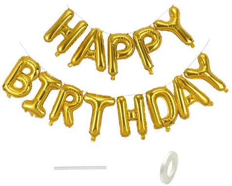 Diffaxy Golden Happy Birthday Ballon en aluminium avec ruban 40 cm pour garçons, filles et adultes, décorations d'anniversaire et de fête