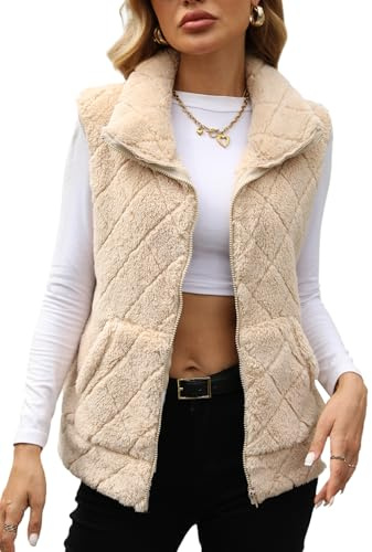 Adigau Chaleco de forro polar para mujer, sin mangas, ligero, suave, con cremallera, para invierno, térmico, para exteriores, a cuadros, con solapa, con bolsillo, tallas S-XXL, albaricoque, XL