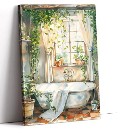 LYUNSHUO Botanical Bath Canvas Wall Art Spa Bathroom Decor Bathtub with Plants Picture Green Prints Farmhouse Bathroom Toilet Wall Decor Framed Ready to Hang - 16.00x20.00
