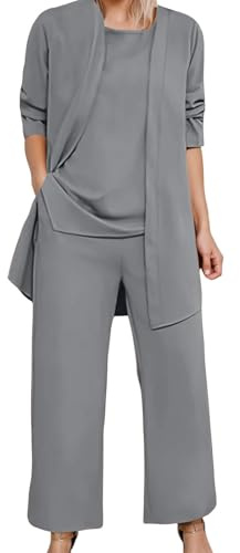 MODSGUE Traje de pantalón para mujer de verano, 3 piezas de chiffon, elegante y festivo, con encaje, conjunto de vestido para boda, oficina, negocio, traje de tres piezas, elegante, ropa de trabajo