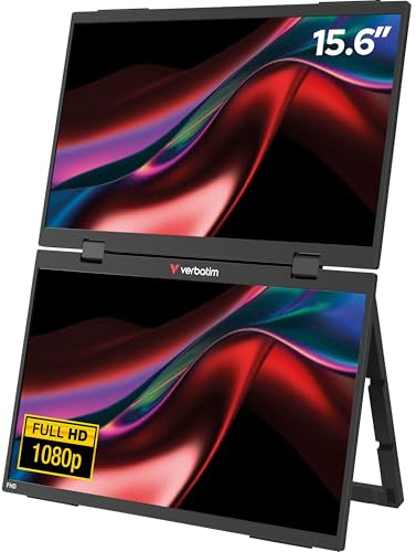 Verbatim PMT-15, dubbel bärbar skärm med två skärmar 15,6 tum, mobil full HD-skärm av plast för bärbar dator, surfplatta, smartphone, PS5, Nintendo Switch med 2 x USB-C och en HDMI-anslutning