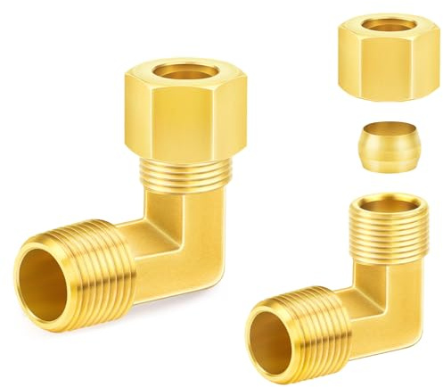 ChillWaves Brass Compression Tube Fitting, 3/8 OD x 1/2 NPT Male 90 Degree Elbow Compression Union Connector(2-PACK)
