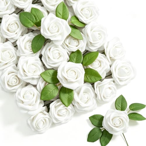 Fairblo 30 Piezas Rosas Artificiales Blancas Decoracion Flores Artificiales Rosa Falsa de Espuma Cabeza de Rosa con Tallos Flores Falsas para DIY Decoración Boda Ramo Artificial Fiesta, Blanco 7.5cm