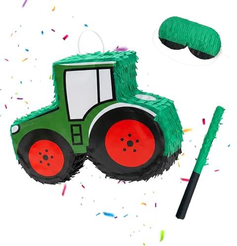 Relaxdays Piñata Set de 3 Piezas, Tractor, para Colgar, para niñas y niños, Vara y máscara, piñata de vehículo, Color Verde Oscuro/Rojo