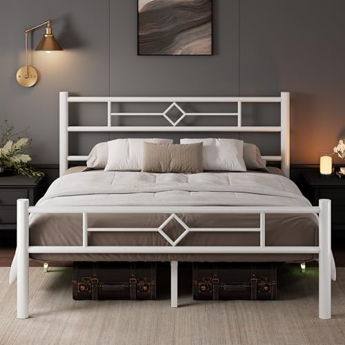 iPormis Double Bed Frame,135 x 190 cm,with Headboard and Footboard,Metal Bed Frame,300 kg Weight Capacity, Under Bed Storage Space,Easy Assembly,White