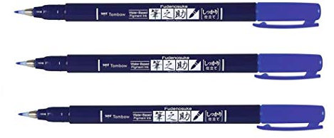 TOMBOW Fudenosuke Filzstifte für Zeichnung und Kalligrafie, Pinselspitze, Blau, 3 Stück