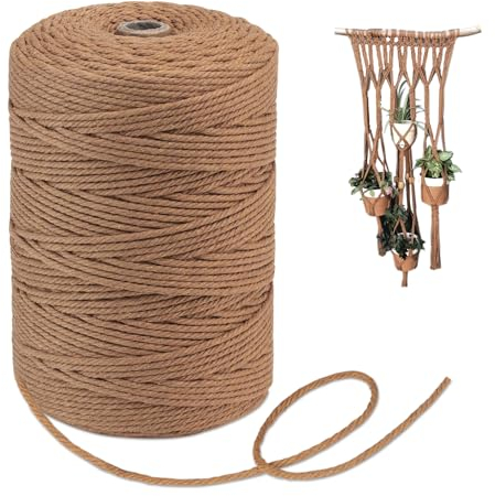 Makramee Baumwolle Garn 3 mm x 300 m Natürliche Baumwollgarn, Geflochtenes Baumwollseil für DIY Handwerk Basteln Wand Aufhängung Pflanze Aufhänger Schnur Stricken - Kaffeefarben
