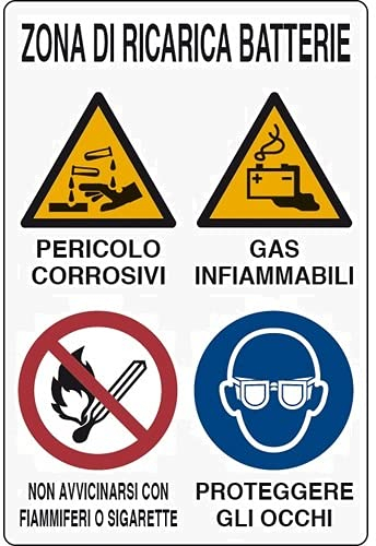 CARTELLO SEGNALETICO - Zona di Ricarica BATTERIE Pericolo CORROSIVI Gas INFIAMMABILI Non AVVICINARSI con FIAMMIFERI O Sigarette - Con Adesivo in Vinile e Pannello in Forex (Pannello 5mm Stampato)