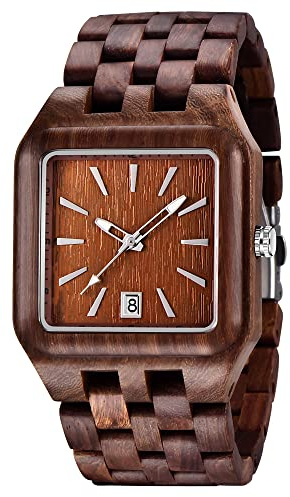 Tiong Orologio da polso analogico al quarzo da uomo realizzato a mano in legno di bambù colorato, Wd203-rosso, Bracciale
