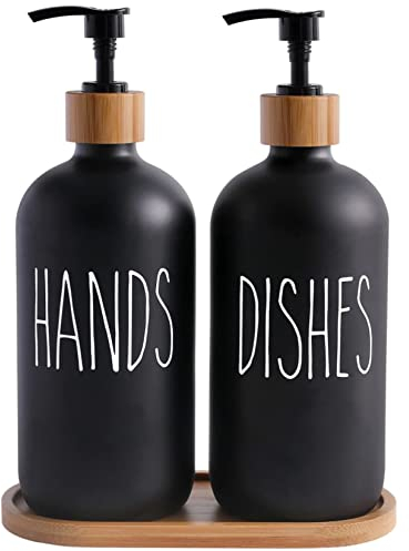 Glas Seifenspender Set, BIKALAN 475ml Seifenspender Schwarz Matt Badezimmer Set mit Tablett, Shampoo Lotion Handseifenspender für Küche Arbeitsplatte