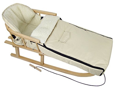 Kombi-erbjudande träsläde med ryggstöd och dragrep + universell vinteråkpåse (108 cm), även lämplig för babystol, barnvagn, vagn, lammull uni (beige + släde)