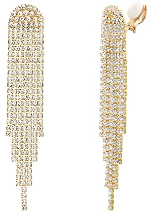Clearine Quaste Ohrclips Mode Lange Tropfen Kronleuchter Funkeln Strass Kristall Clip-on Ohrringe für Damen Klar Gold-Ton