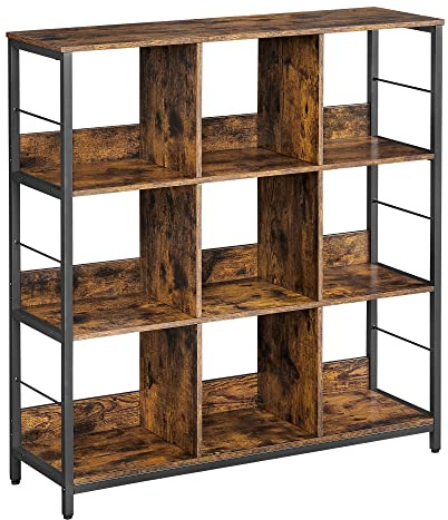 VASAGLE Bookshelf, Bookcase, 9 Cubes Storage Organizer, Industrial Open Display Shelf, for Bedroom, Office, Living Room, Metal Frame, Rustic Brown and Black ULLS112B01