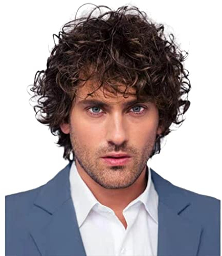 AIYLMZ Parrucca Sintetica da Uomo Riccia Marrone Con Frangia Toupee - Parrucca a Strati Soffici Alla Moda Naturale Posticci per Costume (Marrone A)