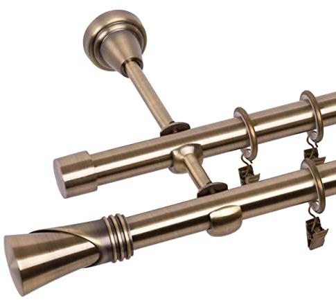 RENA Gardinenstange 19/19 mm Vorhangstange 2-läufig| Metall Elegante klassische Gardinenstange mit geräuscharmen Rollen | Inklusive Montagezubehörset | Antik Gold 160cm |Duncan