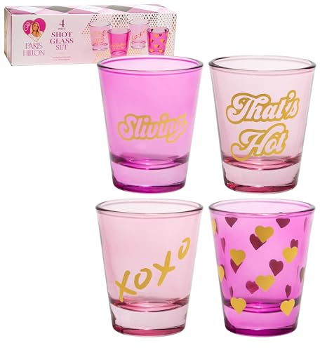 Paris Hilton 4-Piece Shot Glass Set, Fun Decals on Every Glass, 2-Ounce, Hot Pink and Light Pink