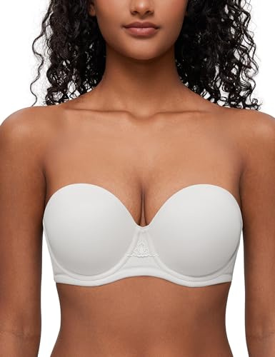 Deyllo Women's Strapless Bra Padded Cup Push Up Plus Size Full Coverage Underwire Support(White,34H)