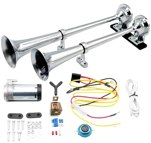 YIYIDA Car Horn Clacson per auto 160db Air Horn Cromo Zinco Corno d'aria per auto Tromba argento Corno dell'automobile di tono alto e basso Doppio tubo speaker per 12V autocarro Moto yacht ecc