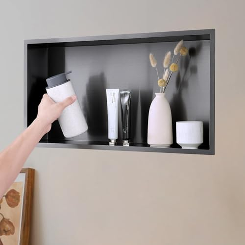KINKIBOS Stainless Steel Shower Niche, No Tiles Required, Embedded Wall Niche 60 x 30 x 10 cm, Shower Niche Single Shelf Storage for Bathroom, Grey Black