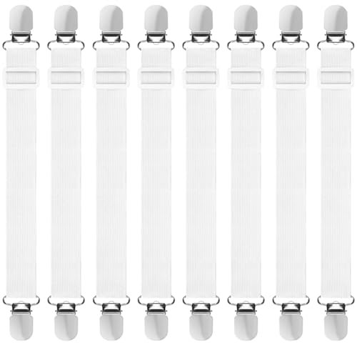 Hanyousheng 8 Stück Bettlakenspanner Verstellbar, (30cm -130cm) Elastische Bettlakenklammern, Elastische Lakenspannermit Metallclip, für Krippe, Bettlaken, Matratze, Sofa, Bügelbrett(Weiß)