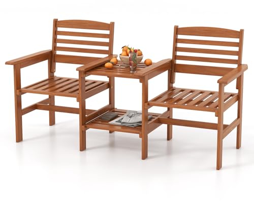 COSTWAY Gartenbank mit Tisch, 2-Sitzer Holzbank mit Schirmloch, Sitzbank aus Holz, Terrassenbank für Balkon, Garten, Terrasse, 159,5 x 61,5 x 88 cm