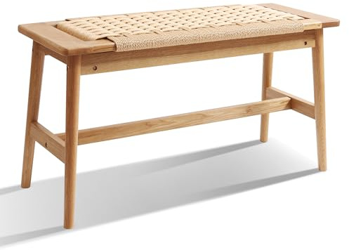 33.5 L Wood Dining Bench Indoor, 100% Natural Solid Oak Bed Bench Hand Woven Enterway Bench Small Bench for Dining Room, Bedroom, Kitchen (Natural)