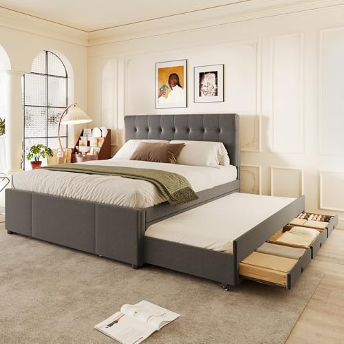 Huayz Cama tapizada, cama doble, 140 x 200 cm, cama familiar, cama matrimonial con tres cajones, cama extensible, cabecero ajustable