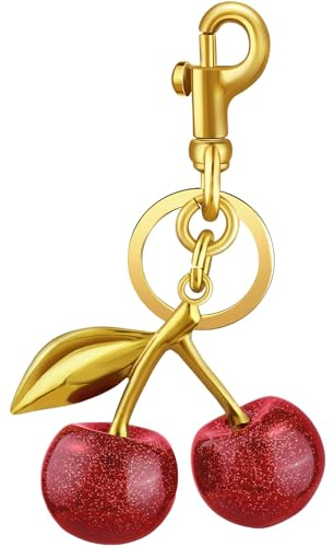 TINKRSTUFF Cherry Bag Charms Glitter Cherry Purse Charms Gold Cute Keychains for Handbag, Metal Resin Keychain Purse Accessories Gifts for Women