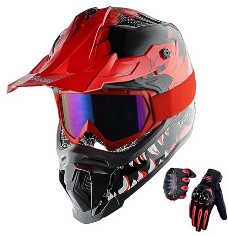 1Storm Adult Motocross Helmet ATV Dirt Bike BMX MX Downhill Mountain Helmet Track Style JH601; Dinosaur Red + Goggles + Skeleton Red Glove Bundle