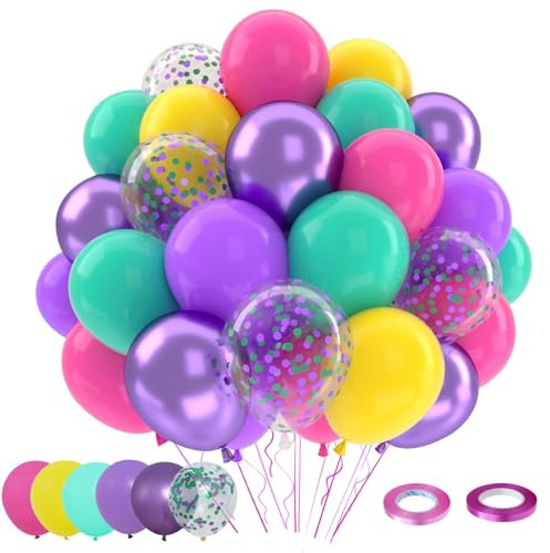 QIFU Pink Purple Birthday Balloons, 52 Pack 12 Inch Hot Pink Metallic Purple Balloons with Yellow Teal Confetti Latex Helium Balloon for Magic Theme Birthday Party Decoration Christening Wedding