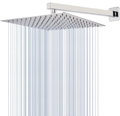 Soffione Doccia Katezon a Pioggia ad Alta Pressione da 25 cm con Braccio da 40 cm, Soffione Quadrato in Acciaio Inox, Ugelli Autopulenti in Silicone, Montaggio Universale a Parete e a Soffitto (Cromo)