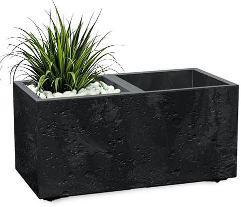 Spetebo Jardinière en plastique - Aspect béton - 2 compartiments sur roulettes - 59 x 29 cm - Bac à fleurs rectangulaire anthracite avec insert pour plantes et drainage - Pot de fleurs enroulable pour