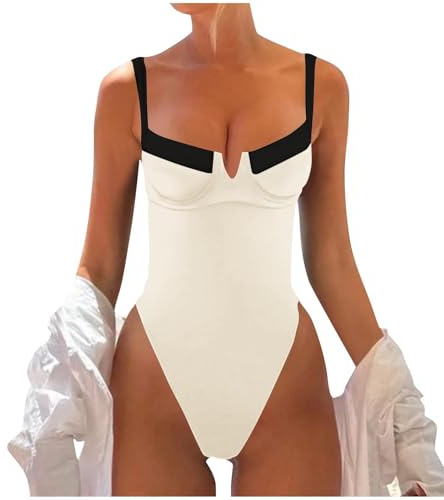 Generisch 2025 Bañador Mujer Trajes de Baño Abdominal Swimsuit Mujer Traje de Baño de Corte Alto Cuello de Pico Color Bloque Adelgazante Tirantes Espaguetis Bikini Parte Superior Blanco, Blanco, S
