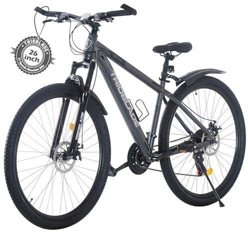 TRIOBLADE 24/26/27.5/29 Inch Mountain Bike 21 Speeds Bike 17.5 Inch Lightweight Aluminium Frame Bicycle for Adult Men Women, Lockout Suspension Fork, Dual Disc Brake (Grey, 26inch Wheel)