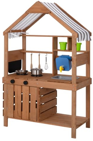 OOOK Mud Kitchen for Kids Outdoor, Kids Kitchen Playset with Canopy, Gardening Tools, Chalkboard, Flower Pot, Cookingware, Removable Water Tank, for Boys and Girls 3+, Solid Fir Wood