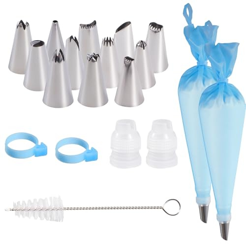 Piping Bags and Nozzles Set,19 Pcs Cake Piping Kit with 2 Reusable Pipings Bags Icing Bag with Cleaning Brush,12 Stainless Steel Cake Pipings Nozzles Tips Kits,for Decorating Cakes,Pastries & Cupcakes