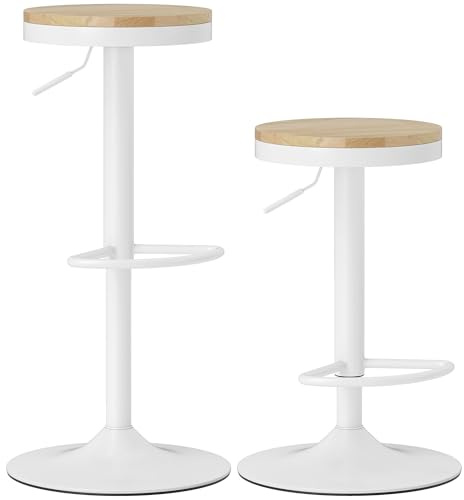 HOMCOM Juego de 2 Taburetes de Bar Giratorios Taburetes Altos de Cocina con Altura Ajustable 60-80 cm Asiento de Madera Marco de Acero y Reposapiés para Comedor Mostrador Natural y Blanco