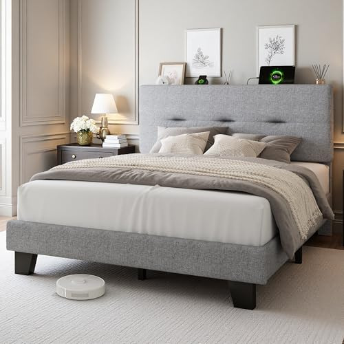 GalnFu Double Bed Frame with Storage Linen Headboard, Upholstered Platform Bed Frame Double beds with Charging Station, Sturdy Wooden Slat Support, No Box Spring Needed, Easy Assembly, light gray