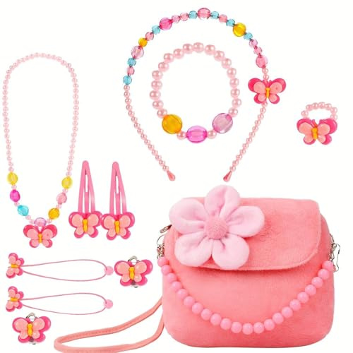 Ausi Bolsos de peluche para niñas, conjunto de cadena, collar, pulsera, anillo y joyería, bonito bolso de peluche para regalo de fiesta (rosa)