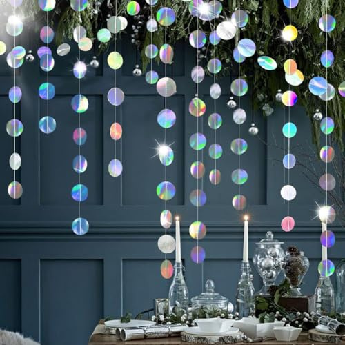 LEBKFT 5PC Iridescent Circle Dot Streamers Party Decoration, 65Ft Rainbow Twinkle Hanging Decorations for Birthday Wedding Baby Shower Graduation Party Backdrop (Type A)