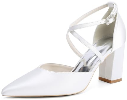 WeFloHsL Mujer Satén Zapatos De Boda Novia con Tacón Ancho Tiras Punta Cerrada Zapatos De Fiesta 272-01X,Blanca,38 EU
