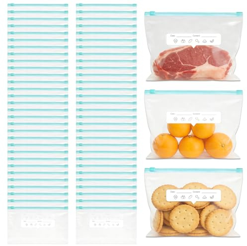 60 Piezas Bolsas de Almacenamiento de Alimentos, Bolsas Congelacion Reutilizables, HerméTicas, Resistentes y De PláStico, Sin BPA, con Cremallera, Para Fruta Verduras Carne Sándwich Frutos Secos